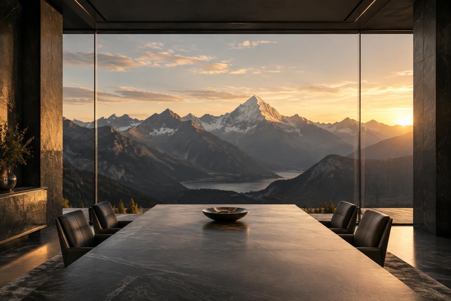 Executive strategy room overlooking a monumental mountain landscape at golden hour