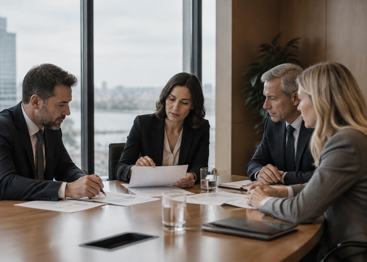 Leadership team reviewing documents in a boardroom